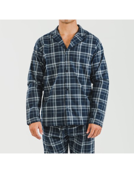 Pijama franela con solapa hombre Cuadro Brais azul pijamas-largos-hombre