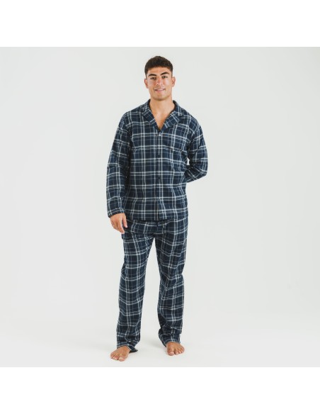Pijama franela con solapa hombre Cuadro Brais azul pijamas-largos-hombre
