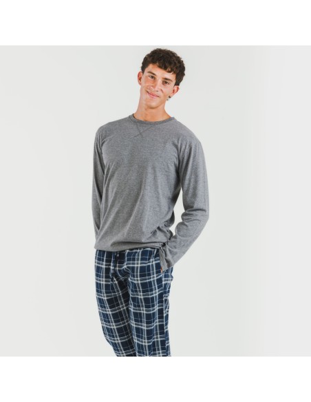 Pijama hombre franela Cuadro Brais gris mezcliyado pijamas-largos-hombre