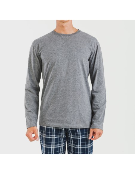 Pijama hombre franela Cuadro Brais gris mezcliyado pijamas-largos-hombre