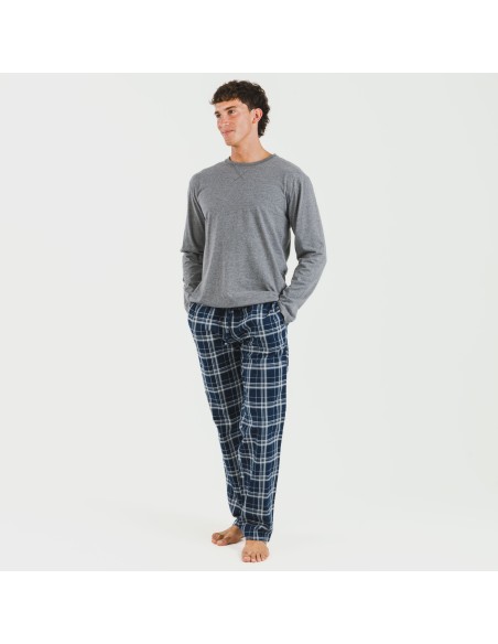 Pijama hombre franela Cuadro Brais gris mezcliyado pijamas-largos-hombre