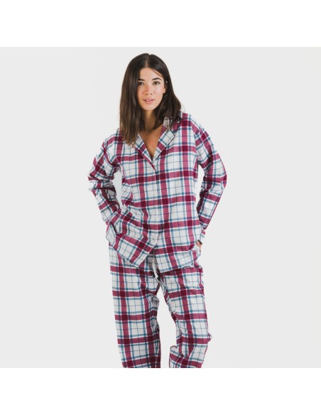 Pijama franela con solapa mujer Cuadro Dalis berenjena pijamas-de-invierno-de-mujer