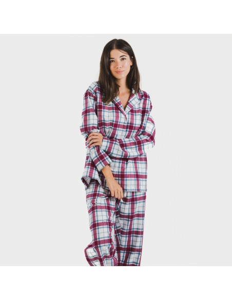 Pijama franela con solapa mujer Cuadro Dalis berenjena pijamas-de-invierno-de-mujer