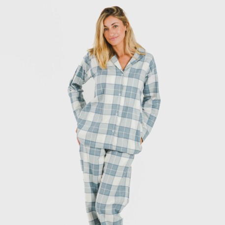 Pijama franela con solapa mujer Cuadro Guima indigo pijamas-de-invierno-de-mujer