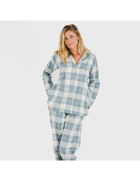 Pijama franela con solapa mujer Cuadro Guima indigo pijamas-de-invierno-de-mujer