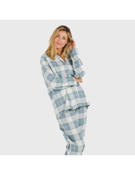 Pijama franela con solapa mujer Cuadro Guima indigo pijamas-de-invierno-de-mujer