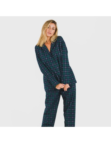 Pijama franela con solapa mujer Cuadro Ruz verde pijamas-de-invierno-de-mujer