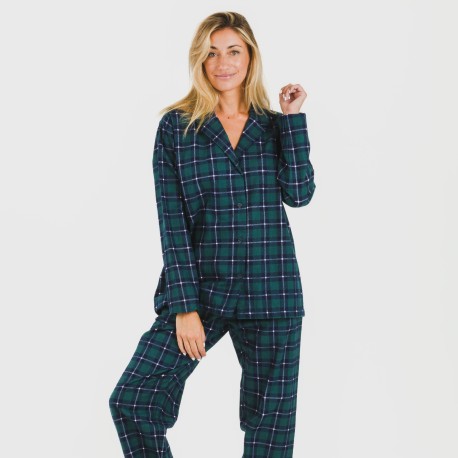 Pijama franela con solapa mujer Cuadro Ruz verde pijamas-de-invierno-de-mujer