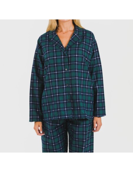 Pijama franela con solapa mujer Cuadro Ruz verde pijamas-de-invierno-de-mujer