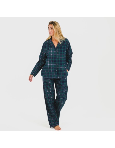 Pijama franela con solapa mujer Cuadro Ruz verde pijamas-de-invierno-de-mujer