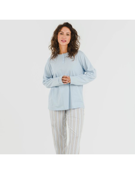 Pijama largo algodón Raya Bill celeste pijamas-largos-de-mujer