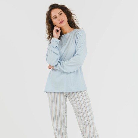 Pijama largo algodón Raya Bill celeste pijamas-largos-de-mujer