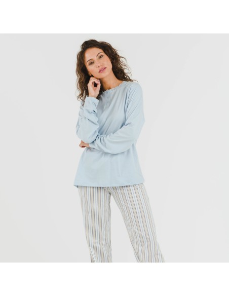 Pijama largo algodón Raya Bill celeste pijamas-largos-de-mujer