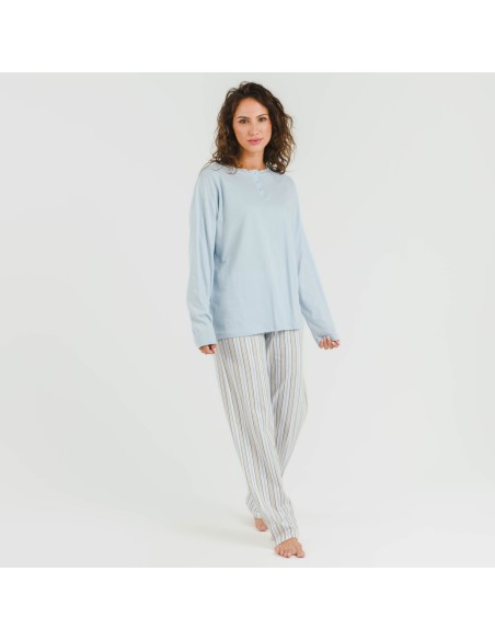 Pijama largo algodón Raya Bill celeste pijamas-largos-de-mujer