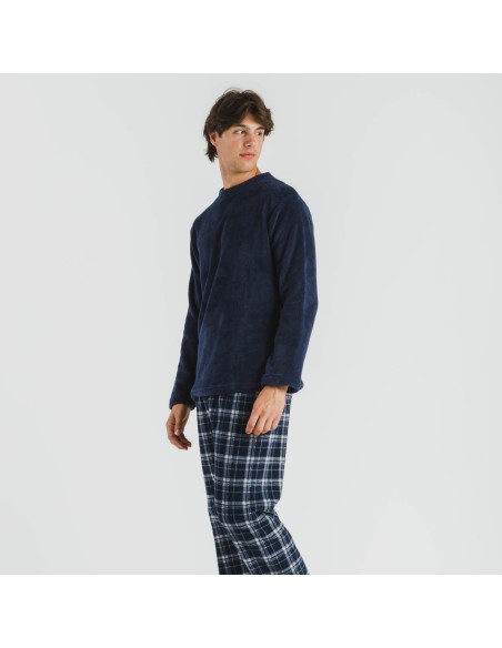 Pijama coral hombre Cuadro Brais azul marino pijamas-largos-hombre