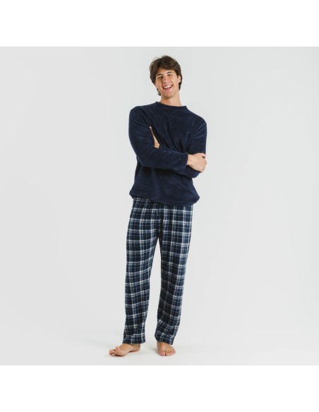 Pijama coral hombre Cuadro Brais azul marino pijamas-largos-hombre