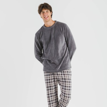 Pijama coral hombre Cuadro Javier gris pijamas-largos-hombre