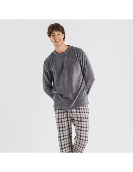 Pijama coral hombre Cuadro Javier gris pijamas-largos-hombre