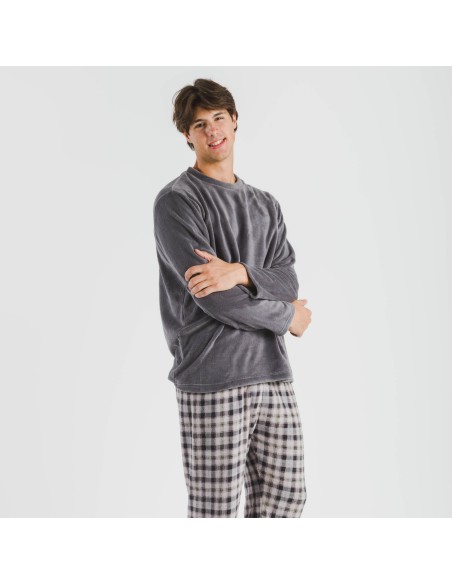 Pijama coral hombre Cuadro Javier gris pijamas-largos-hombre