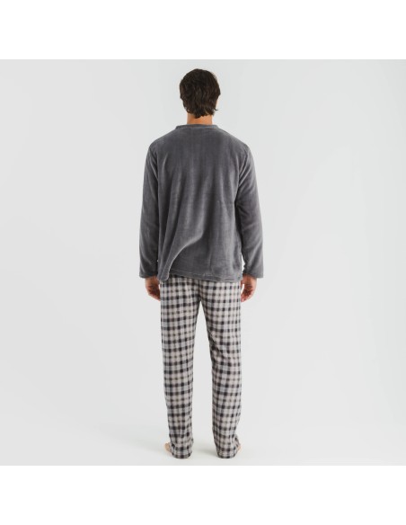 Pijama coral hombre Cuadro Javier gris pijamas-largos-hombre