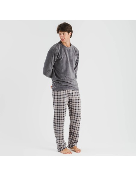 Pijama coral hombre Cuadro Javier gris pijamas-largos-hombre