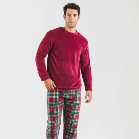 Pijama coral hombre Cuadro Aros burdeos pijamas-largos-hombre