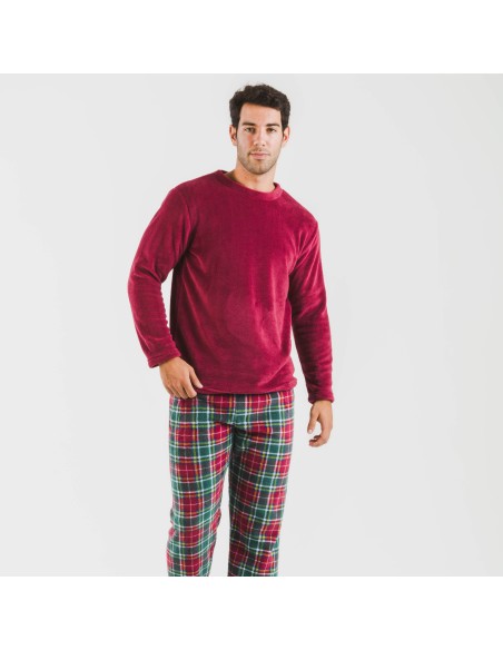 Pijama coral hombre Cuadro Aros burdeos pijamas-largos-hombre