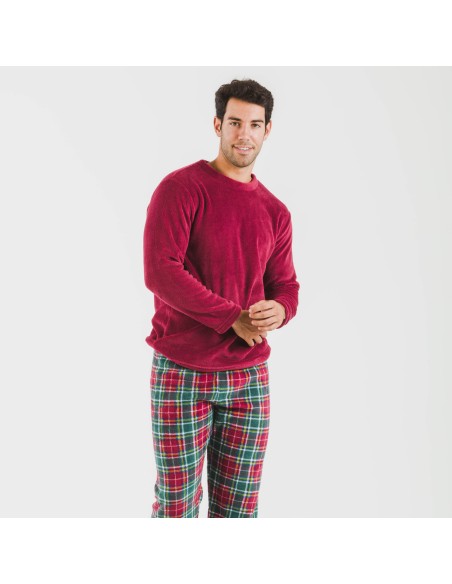 Pijama coral hombre Cuadro Aros burdeos pijamas-largos-hombre