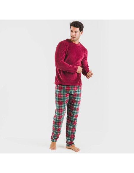 Pijama coral hombre Cuadro Aros burdeos pijamas-largos-hombre