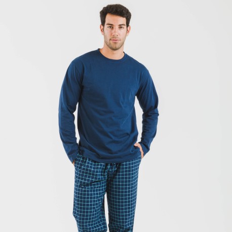 Pijama hombre franela Cuadro Edesia azul pijamas-largos-hombre