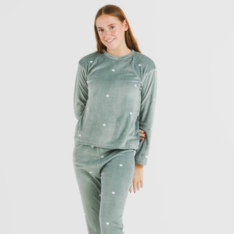 Pijama terciopelo Hearts verde menta pijamas-de-invierno-de-mujer