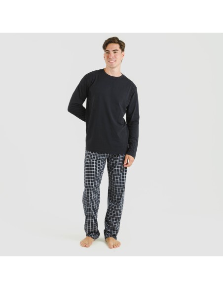 Pijama largo algodón hombre Cuadro Creverio gris marengo pijamas-largos-hombre