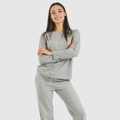 Pijama largo algodón Raya Chuck gris mezcliyado pijamas-largos-de-mujer