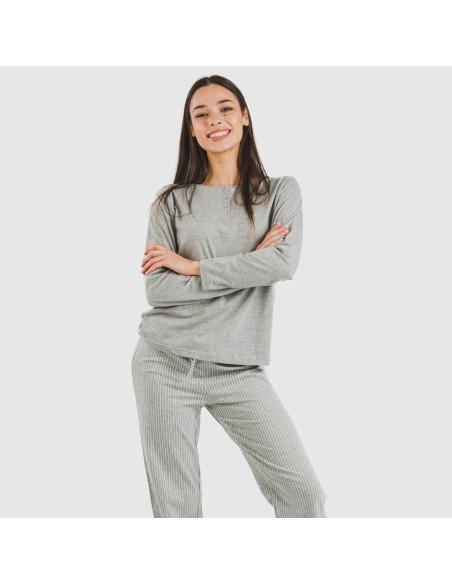 Pijama largo algodón Raya Chuck gris mezcliyado pijamas-largos-de-mujer