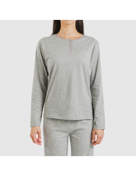 Pijama largo algodón Raya Chuck gris mezcliyado pijamas-largos-de-mujer