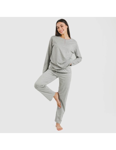 Pijama largo algodón Raya Chuck gris mezcliyado pijamas-largos-de-mujer