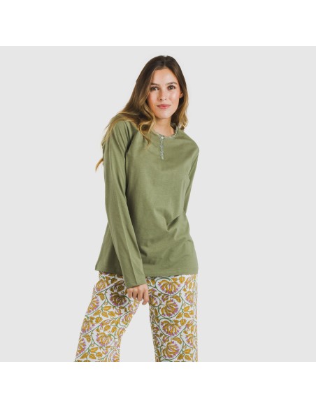 Pijama largo algodón Venus verde caceria pijamas-largos-de-mujer
