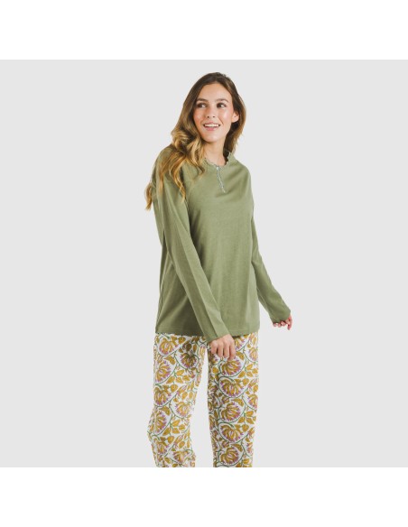 Pijama largo algodón Venus verde caceria pijamas-largos-de-mujer