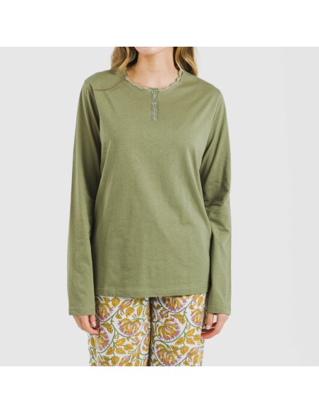 Pijama largo algodón Venus verde caceria pijamas-largos-de-mujer