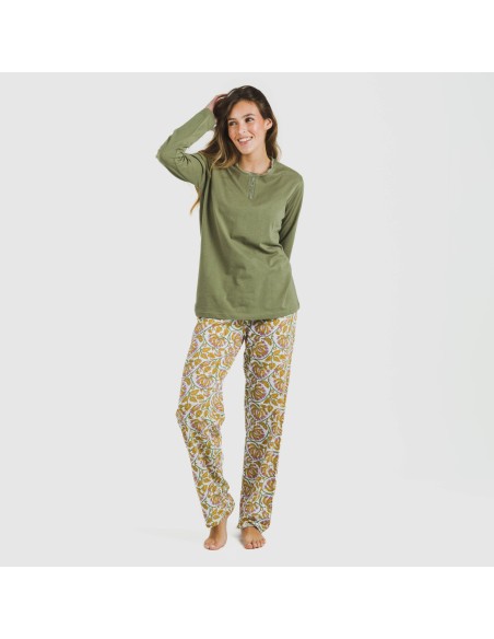 Pijama largo algodón Venus verde caceria pijamas-largos-de-mujer