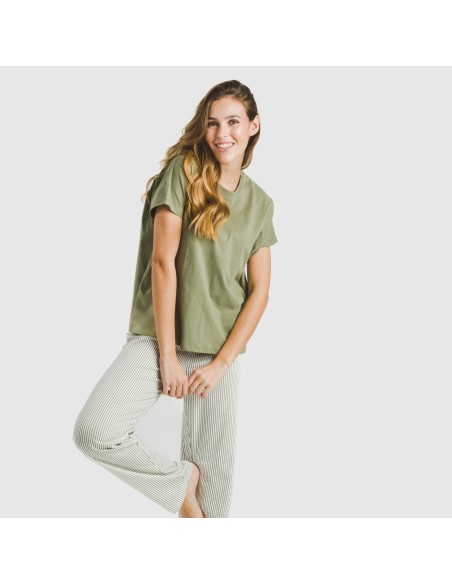 Pijama largo algodón mujer manga fluida Raya Mozarabe verde pijamas-largos-de-mujer