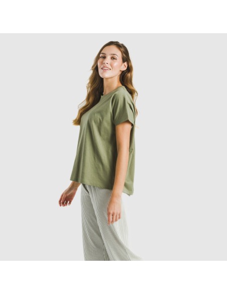 Pijama largo algodón mujer manga fluida Raya Mozarabe verde pijamas-largos-de-mujer