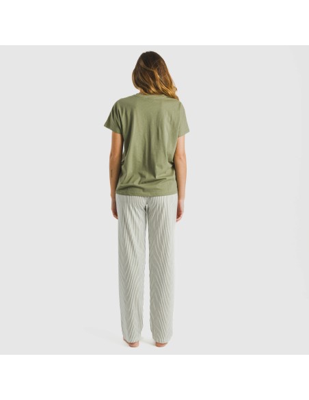 Pijama largo algodón mujer manga fluida Raya Mozarabe verde pijamas-largos-de-mujer