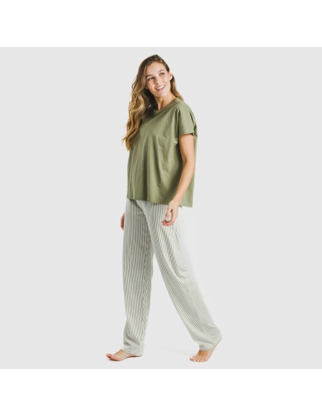 Pijama largo algodón mujer manga fluida Raya Mozarabe verde pijamas-largos-de-mujer