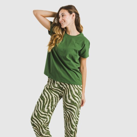 Pijama largo algodón mujer manga fluida Print verde caceria pijamas-largos-de-mujer