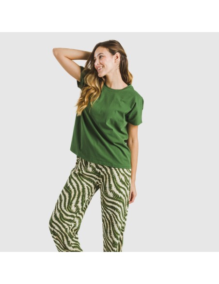 Pijama largo algodón mujer manga fluida Print verde caceria pijamas-largos-de-mujer