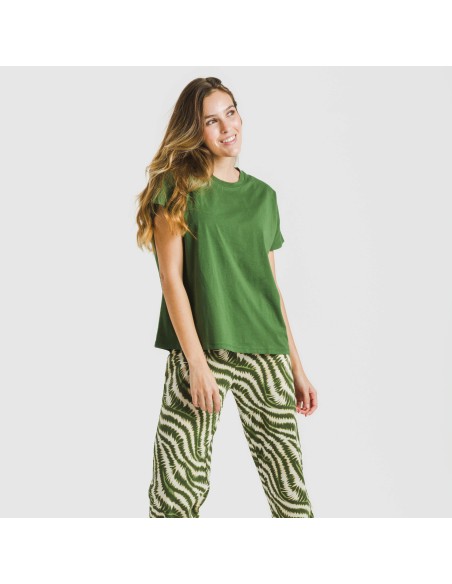 Pijama largo algodón mujer manga fluida Print verde caceria pijamas-largos-de-mujer