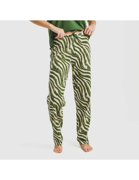 Pijama largo algodón mujer manga fluida Print verde caceria pijamas-largos-de-mujer