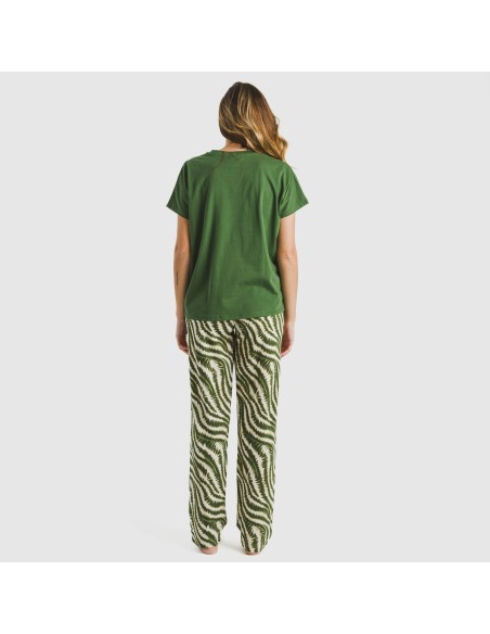 Pijama largo algodón mujer manga fluida Print verde caceria pijamas-largos-de-mujer