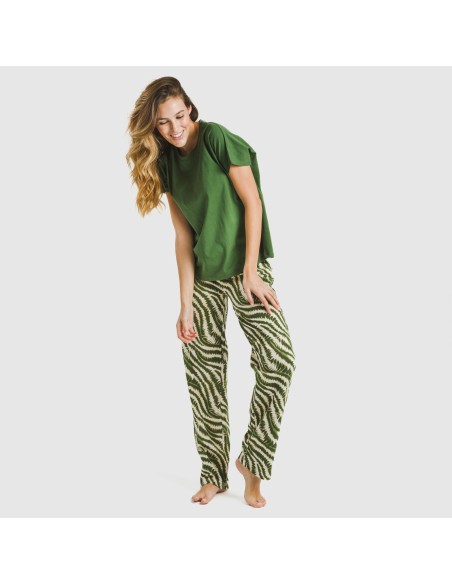 Pijama largo algodón mujer manga fluida Print verde caceria pijamas-largos-de-mujer